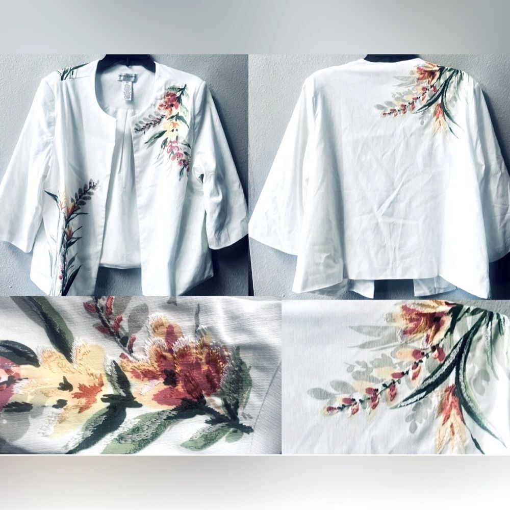 DRAPER & DAMONS OPEN FRONT WHITE FLORAL EMBROIDERED 3/4 SLEEVE JACKET WOMENS XLP